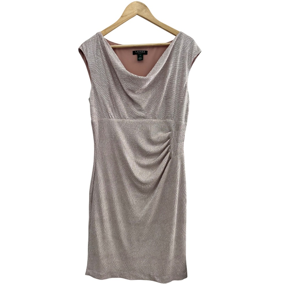 Lauren Ralph Lauren Metallic Cowl Neck Sheath Dress Rose Gold Size 12 Cocktail